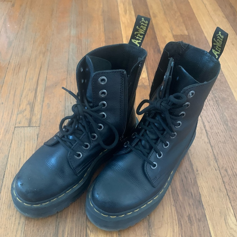 Dr. Martens Black Leather Combat Boots with Yellow Stitching